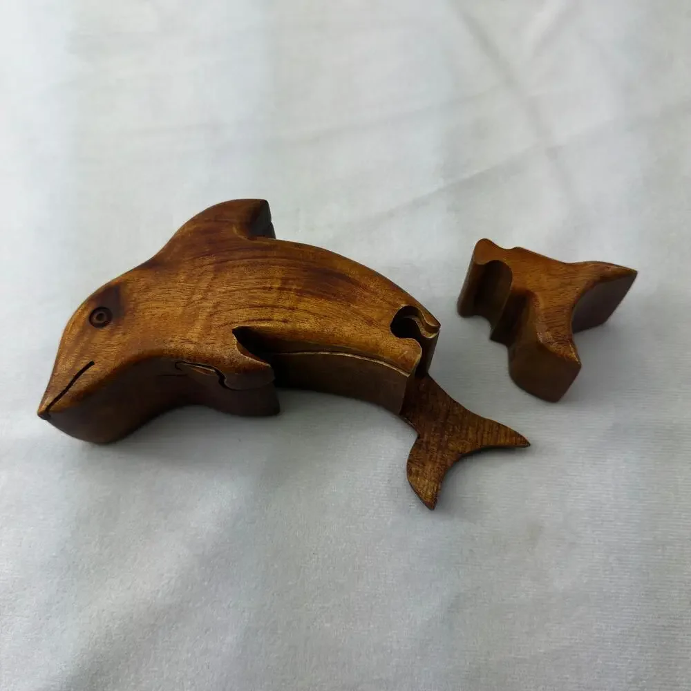 Wooden Dolphin Puzzle Treasure Box Moveable Puzzle 3D Coastal Jewelry Box